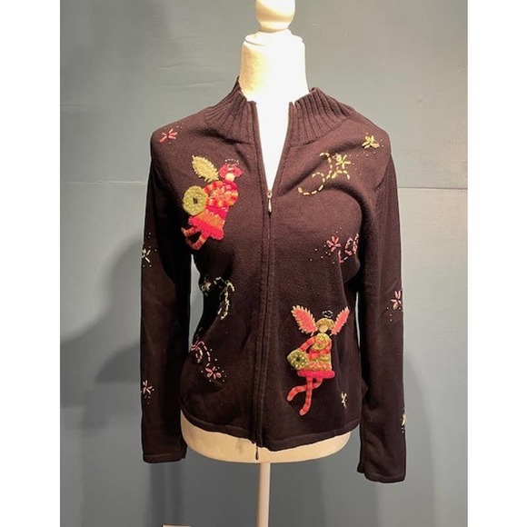 Talbots Women Size Small Christmas Front-Zip Sweater Black w/ Embroidered Angel - Picture 2 of 6